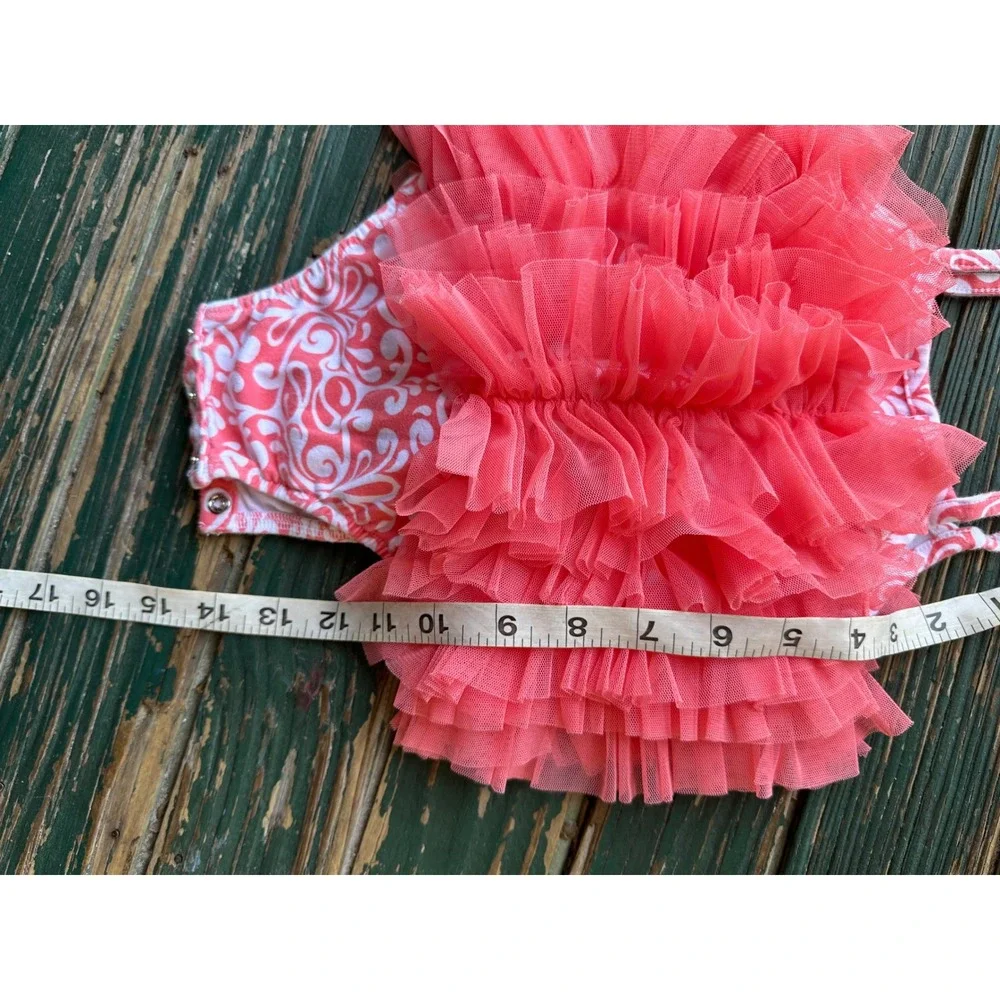 Mud Pie Baby Girls Pink White Damask Ruffle Tulle Bodysuit 6-9M